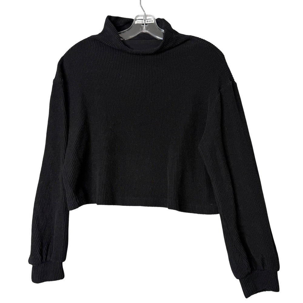 Reformation Jeans Ribbed Mock Neck Top Womens S Black Balloon Sleeve Crop